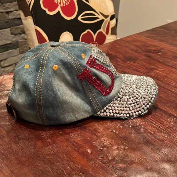 USA Ball Cap Hat stone flash bling Denim sequence Adult one size strap back vntg - Picture 8 of 12